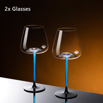 Hand-Painted Wine Glasses and Decanter Set with Cobalt Blue Accents for Burgundy and Red Wine