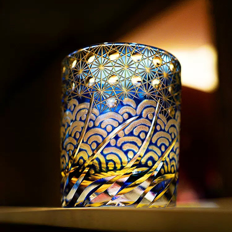 Hand-Cut Crystal Tumbler for Bourbon & Spirits, Blue-Amber Glass with Authentic Japanese Patterns, Gift-Ready Keepsake Box for Collectors