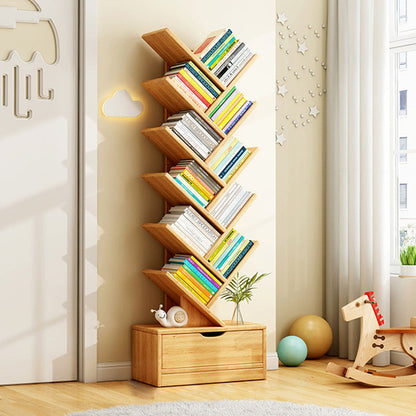 Modern Geometric Storage Tower Shelf Unit 6-12 Open Tiers Walnut Natural Wood for Living Room Study Den Small Spaces