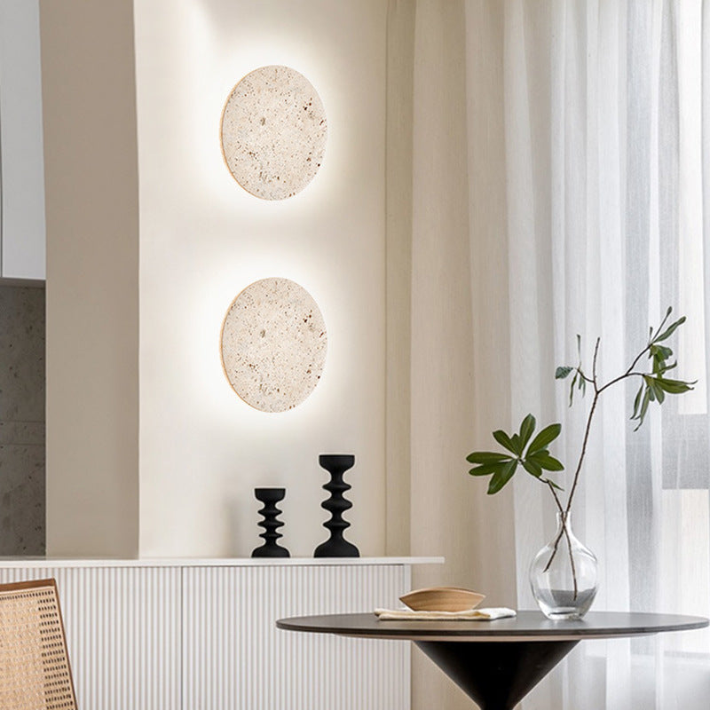 Round Stone Wall Sconce with Integrated Warm LED Light for Bedroom Hallway Living Room Modern Minimalist Travertine Fixture Indoor Ambient L