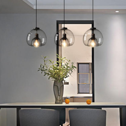 Gray Tinted Glass Drop Light with Adjustable 59-Inch Cord for Kitchen Island, Dining Area & Bedroom – E27 Socket Ceiling Fixture