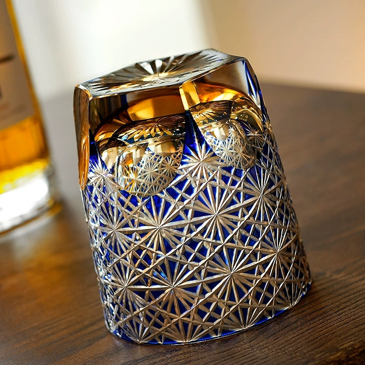 Hand-Cut Crystal Tumbler for Bourbon & Spirits, Blue-Amber Glass with Authentic Japanese Patterns, Gift-Ready Keepsake Box for Collectors