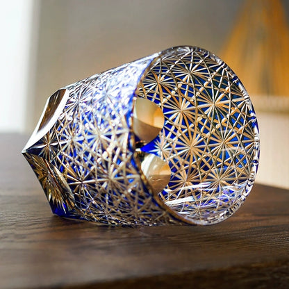 Hand-Cut Crystal Tumbler for Bourbon & Spirits, Blue-Amber Glass with Authentic Japanese Patterns, Gift-Ready Keepsake Box for Collectors