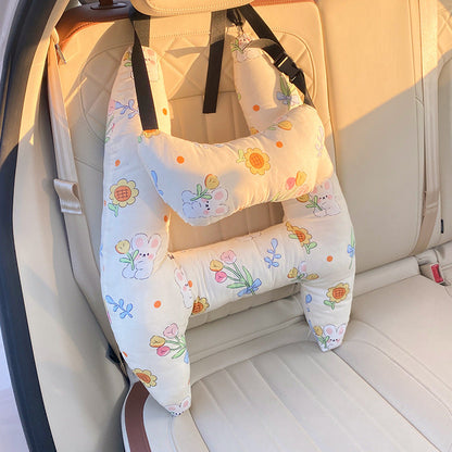 Kids Road Trip Sleep Cushion Beige 26 x 20 Inch Soft Cotton Blend with Adjustable Straps for Car Seat Headrest Support Children Toddler Long