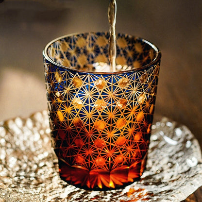 Cut Crystal Whisky Tumblers with Starburst Floral Design in Amber Glass for Bourbon, Scotch & Cocktails