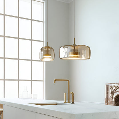 Triple Glass Dome Ceiling Light 15 in Adjustable Height for Kitchen Island Dining Room Modern Hanging Fixture Gray Smoked Finish