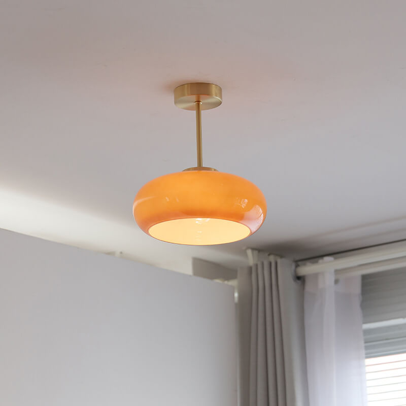 Amber Glass Semi-Flush Ceiling Light with Antique Gold Finish for Bedroom & Living Room - 11 Inch Single-Bulb Hardwired Fixture