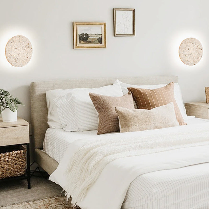 Round Stone Wall Sconce with Integrated Warm LED Light for Bedroom Hallway Living Room Modern Minimalist Travertine Fixture Indoor Ambient L