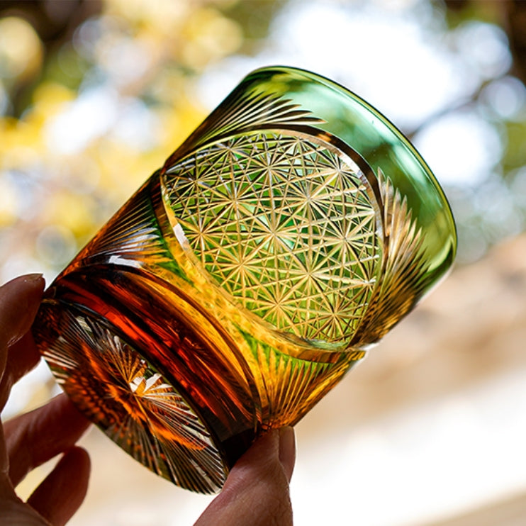 Hand-Cut Crystal Lowball Glass with Etched Crane Motif in Warm Amber Finish for Bourbon Scotch Cocktails Spirits Tasting Home Bar Display El
