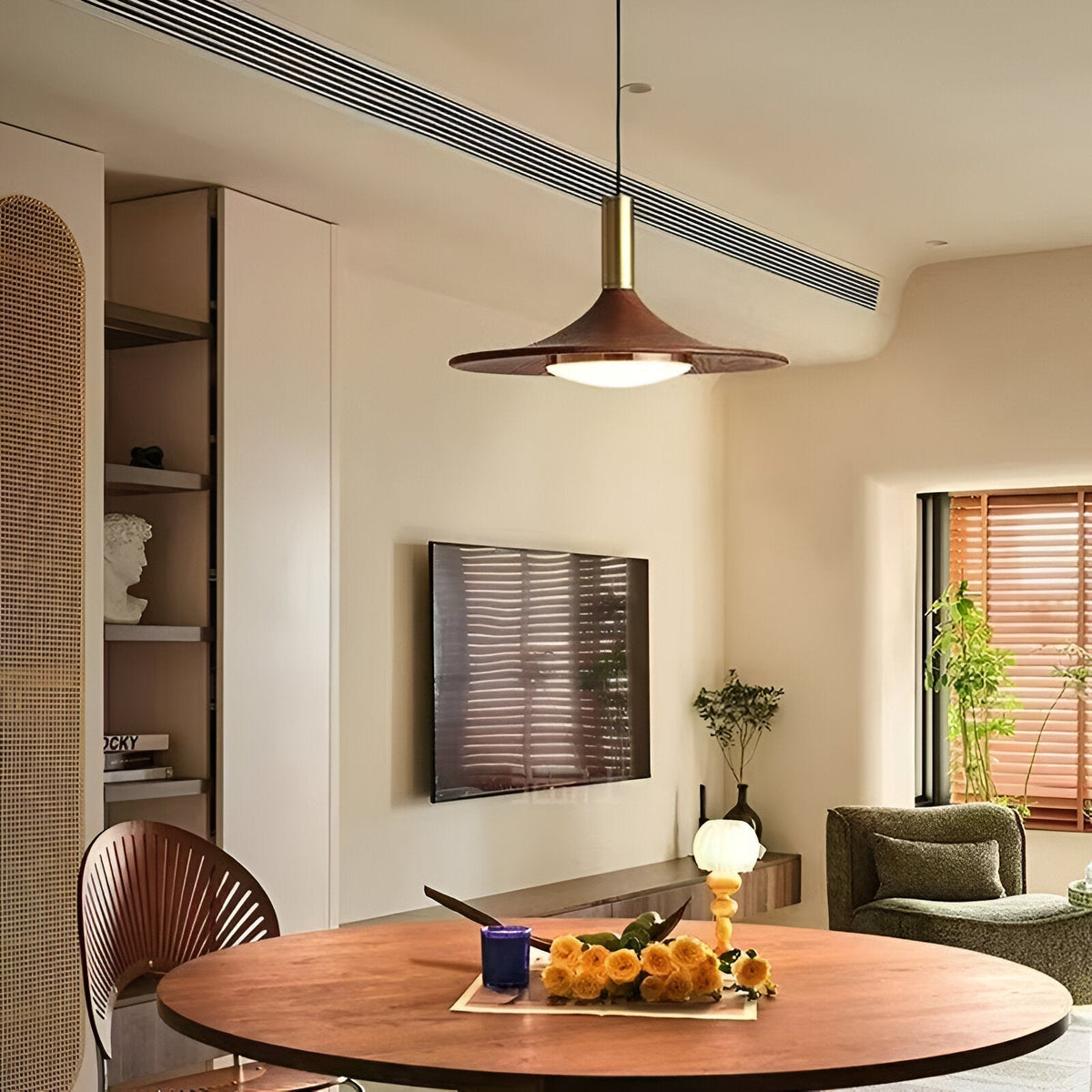 Sculptural Metal Shade Ceiling Fixture with Organic Wood-Tone Accent – 10 in or 14 in Drop Light for Island Counter Bar and Breakfast Nook –