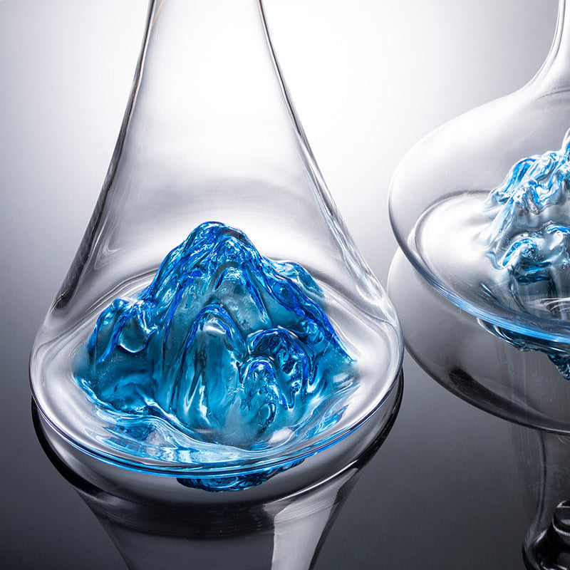 Hand-Painted Wine Glasses and Decanter Set with Cobalt Blue Accents for Burgundy and Red Wine