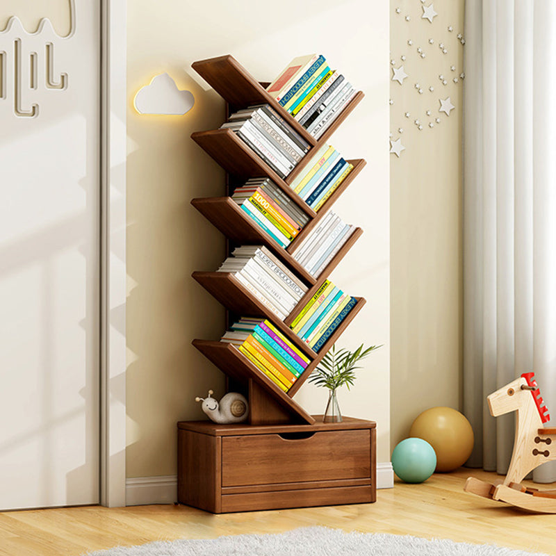 Modern Geometric Storage Tower Shelf Unit 6-12 Open Tiers Walnut Natural Wood for Living Room Study Den Small Spaces