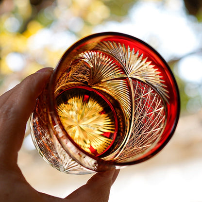 Hand-Cut Crystal Lowball Glass with Etched Crane Motif in Warm Amber Finish for Bourbon Scotch Cocktails Spirits Tasting Home Bar Display El