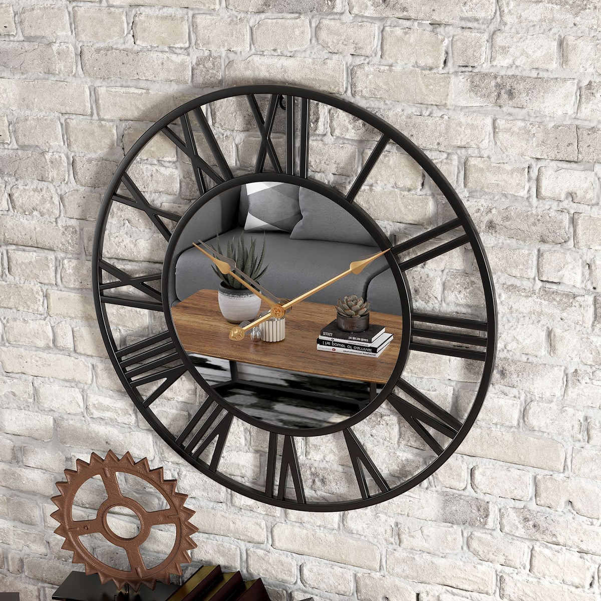 15 Inch Industrial Metal Wall Clock with Mirror Accents for Living Room, Bedroom, Office | Modern Vintage Timepiece | Battery Operated