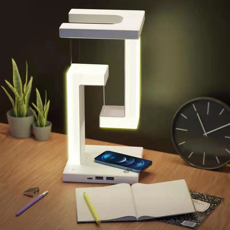 Floating Magnetic Desk Lamp with Wireless Charging Pad for Smartphones - Adjustable Brightness Touch Control LED Light for Home Office