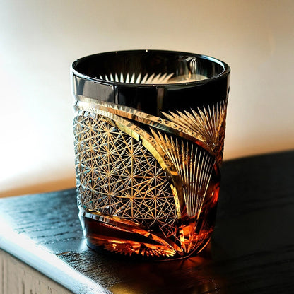 Japanese Cut Crystal Whisky Tumbler with Gift Box | Traditional Etched Pattern | Amber Colored Spirit Glass for Bourbon & Scotch | Artisan B