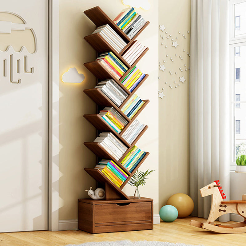 Modern Geometric Storage Tower Shelf Unit 6-12 Open Tiers Walnut Natural Wood for Living Room Study Den Small Spaces