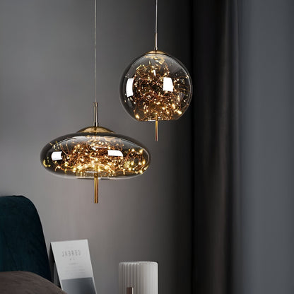 Glass Hanging Fixture with Adjustable Cord for Dining Table & Kitchen Island | Modern Suspended Light in Amber or Gray | Oval Sphere Capsule