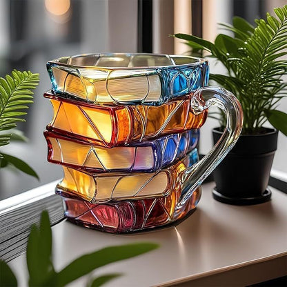 Sculptural Glass Coffee Mug with Stacked Book Shape for Writers Readers Students & Home Office Desk Décor Gift