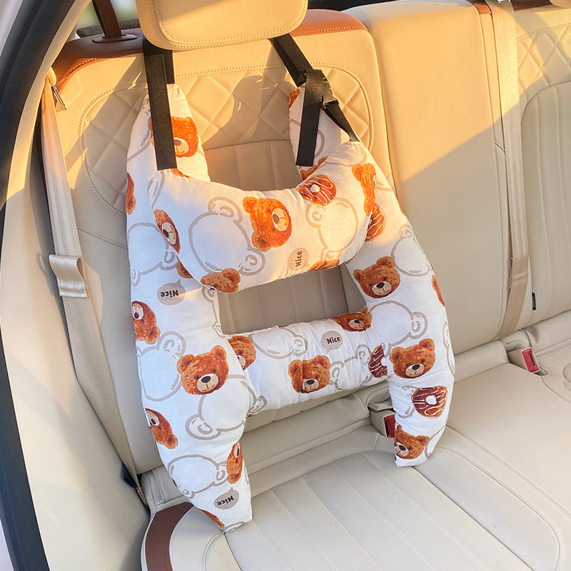 Kids Road Trip Sleep Cushion Beige 26 x 20 Inch Soft Cotton Blend with Adjustable Straps for Car Seat Headrest Support Children Toddler Long