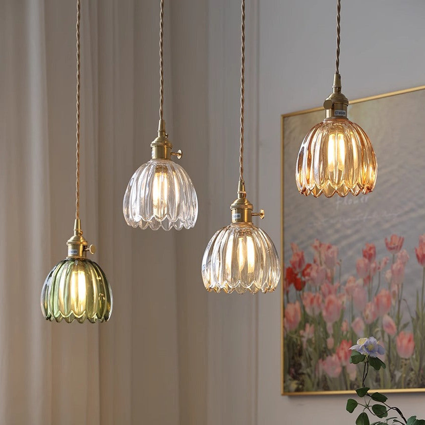 Fluted Glass Hanging Light Fixture 4.7 Inches Compact Globe Pendant Lamp E27 Socket for Kitchen Island Dining Table Bar Counter Ambient Illu