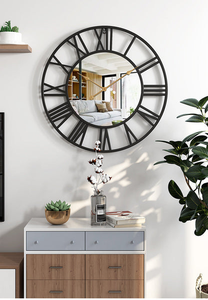 15 Inch Industrial Metal Wall Clock with Mirror Accents for Living Room, Bedroom, Office | Modern Vintage Timepiece | Battery Operated