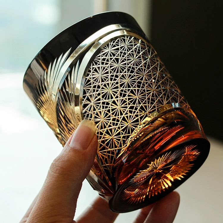 Hand-Cut Crystal Lowball Glass with Etched Crane Motif in Warm Amber Finish for Bourbon Scotch Cocktails Spirits Tasting Home Bar Display El