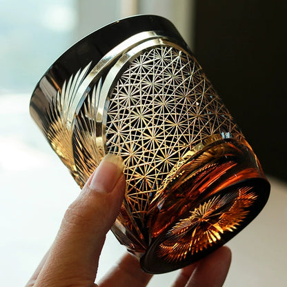 Japanese Cut Crystal Whisky Tumbler with Gift Box | Traditional Etched Pattern | Amber Colored Spirit Glass for Bourbon & Scotch | Artisan B