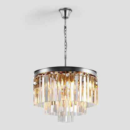 Tiered Crystal Chandelier with Cascading Glass Rods – Multi-Level Statement Lighting for Dining Room & Foyer – Brass, Black & Nickel Finish