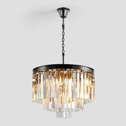 Tiered Crystal Chandelier with Cascading Glass Rods – Multi-Level Statement Lighting for Dining Room & Foyer – Brass, Black & Nickel Finish