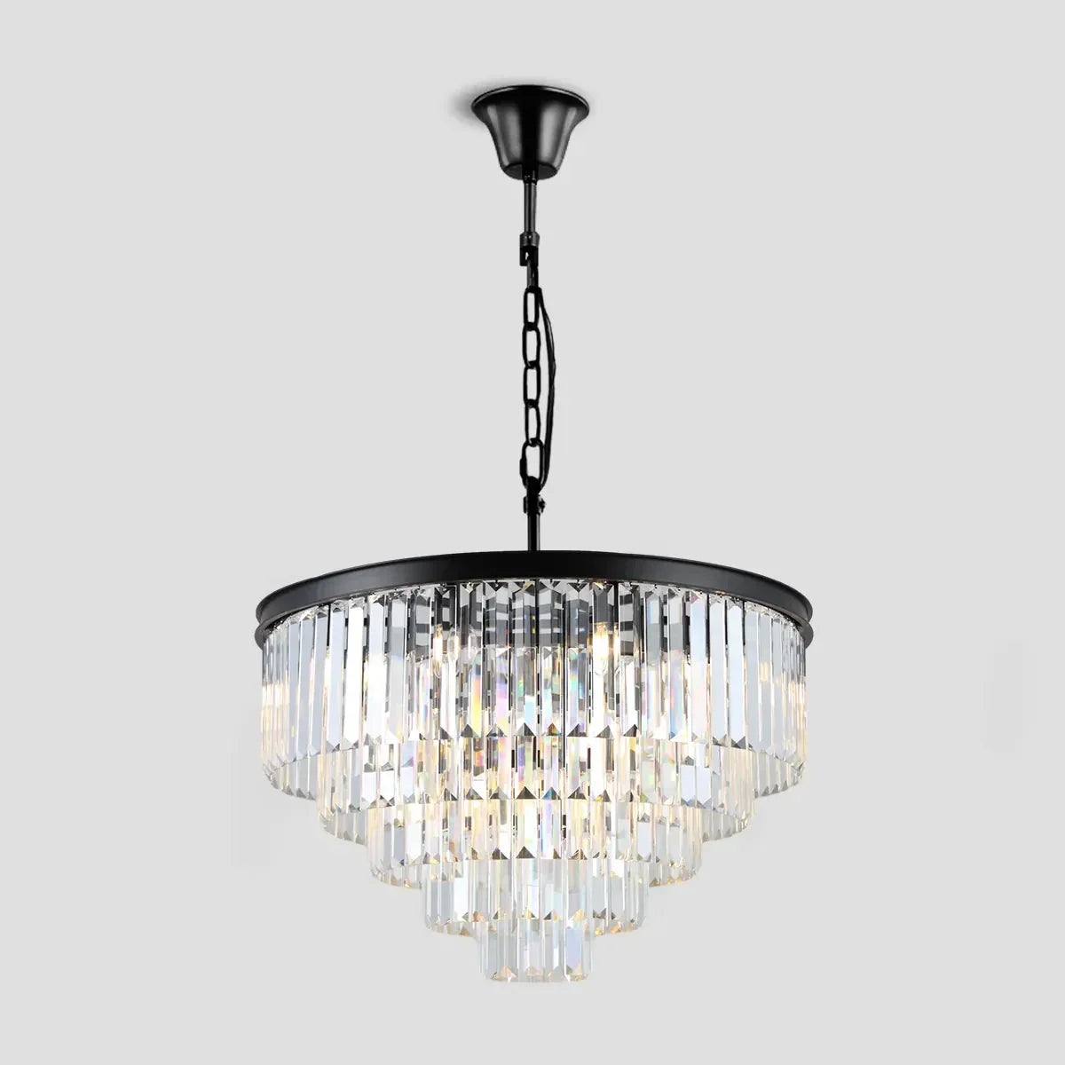 Tiered Crystal Chandelier with Cascading Glass Rods – Multi-Level Statement Lighting for Dining Room & Foyer – Brass, Black & Nickel Finish