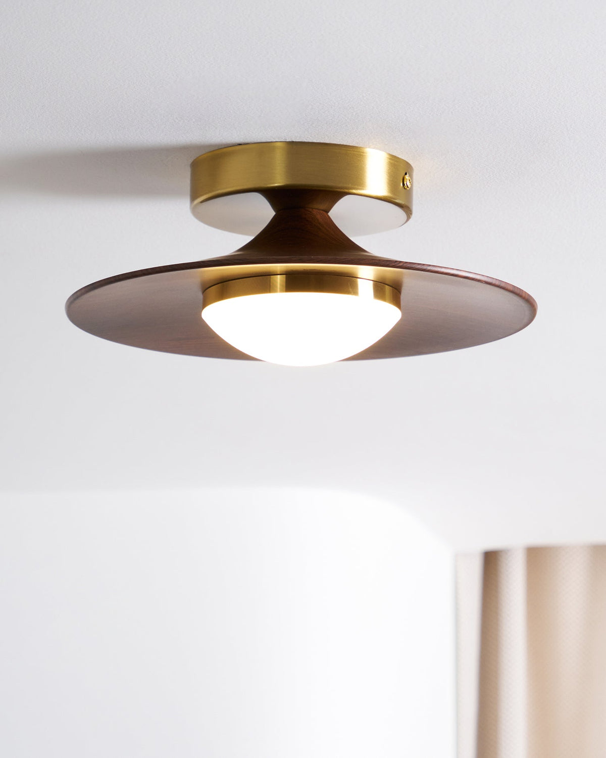 Flush Mount Light Fixture with Wood Accent 9 in Diameter LED for Kitchen Dining Room Entryway Hallway Low Profile Gold Metal Frame Walnut Fi