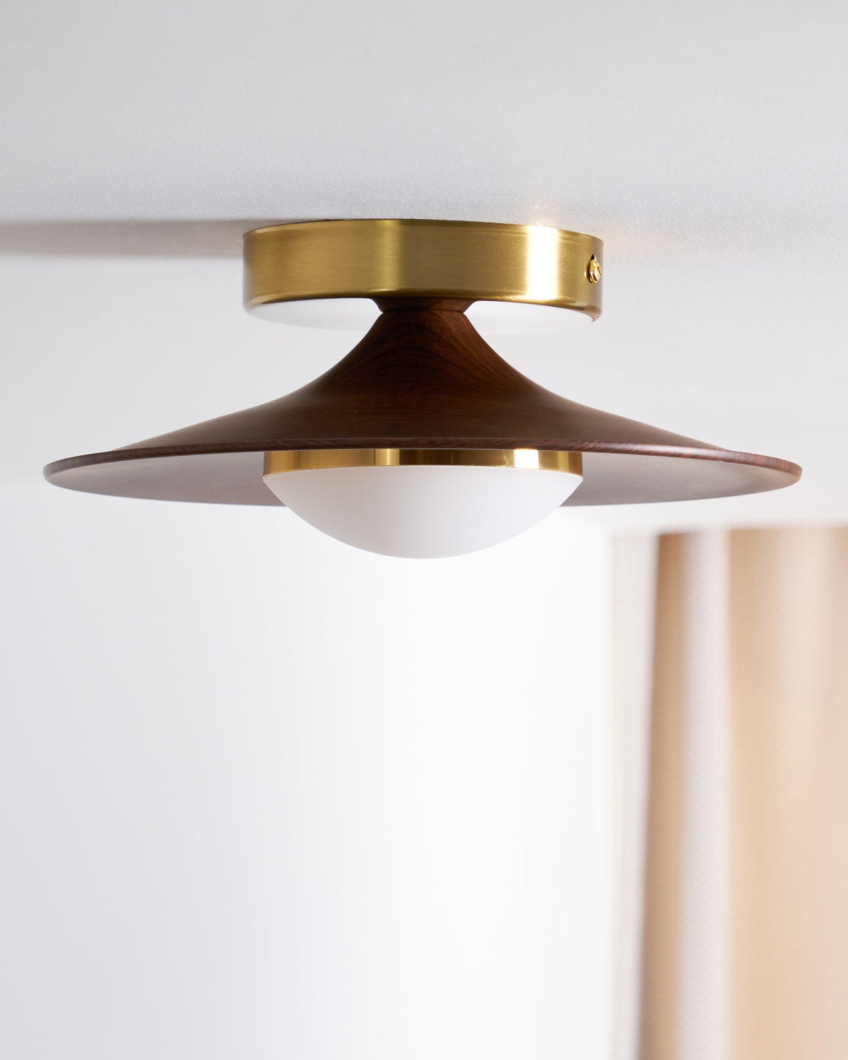 Flush Mount Light Fixture with Wood Accent 9 in Diameter LED for Kitchen Dining Room Entryway Hallway Low Profile Gold Metal Frame Walnut Fi