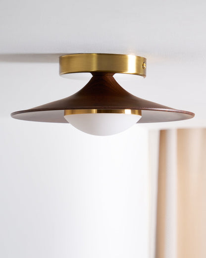 Flush Mount Light Fixture with Wood Accent 9 in Diameter LED for Kitchen Dining Room Entryway Hallway Low Profile Gold Metal Frame Walnut Fi