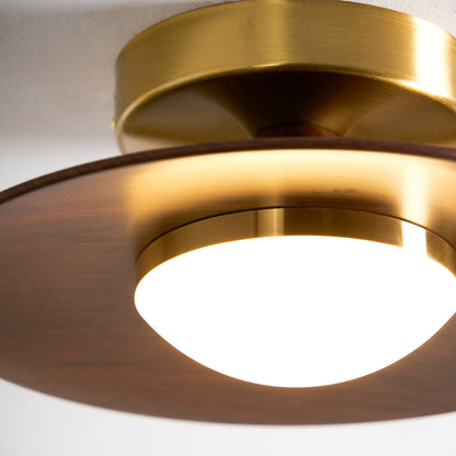 Flush Mount Light Fixture with Wood Accent 9 in Diameter LED for Kitchen Dining Room Entryway Hallway Low Profile Gold Metal Frame Walnut Fi