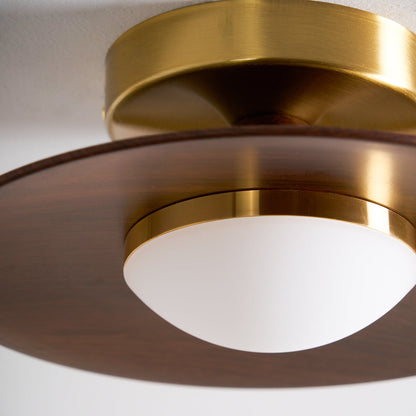 Flush Mount Light Fixture with Wood Accent 9 in Diameter LED for Kitchen Dining Room Entryway Hallway Low Profile Gold Metal Frame Walnut Fi