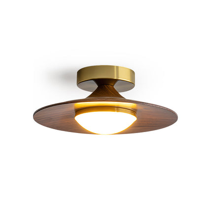 Flush Mount Light Fixture with Wood Accent 9 in Diameter LED for Kitchen Dining Room Entryway Hallway Low Profile Gold Metal Frame Walnut Fi