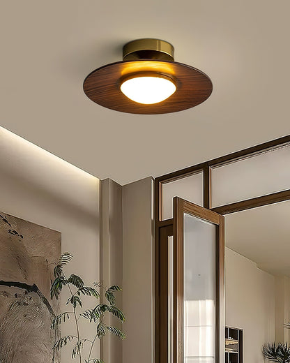 Flush Mount Light Fixture with Wood Accent 9 in Diameter LED for Kitchen Dining Room Entryway Hallway Low Profile Gold Metal Frame Walnut Fi
