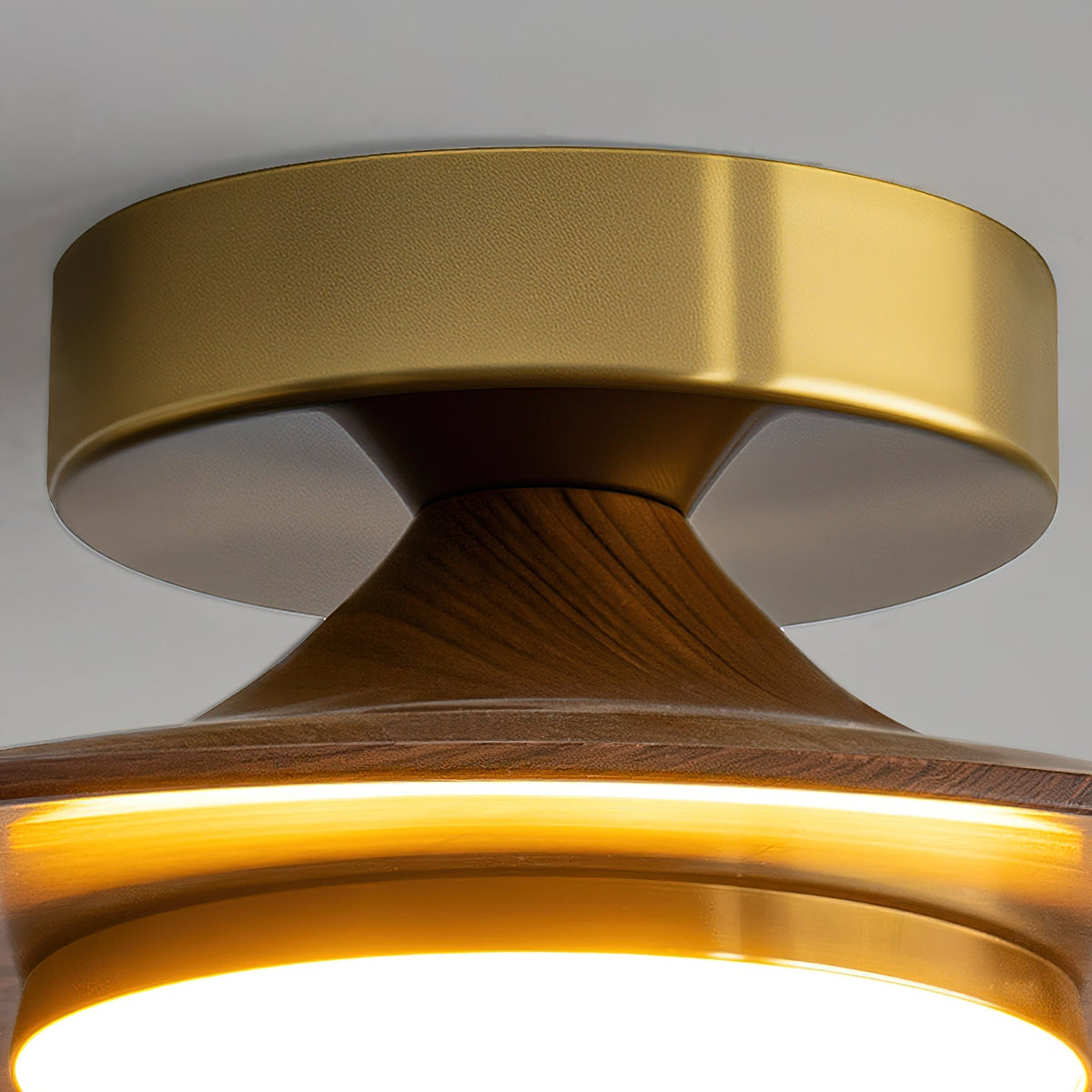 Flush Mount Light Fixture with Wood Accent 9 in Diameter LED for Kitchen Dining Room Entryway Hallway Low Profile Gold Metal Frame Walnut Fi