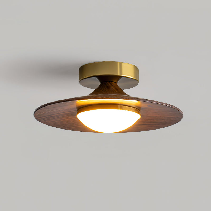 Flush Mount Light Fixture with Wood Accent 9 in Diameter LED for Kitchen Dining Room Entryway Hallway Low Profile Gold Metal Frame Walnut Fi