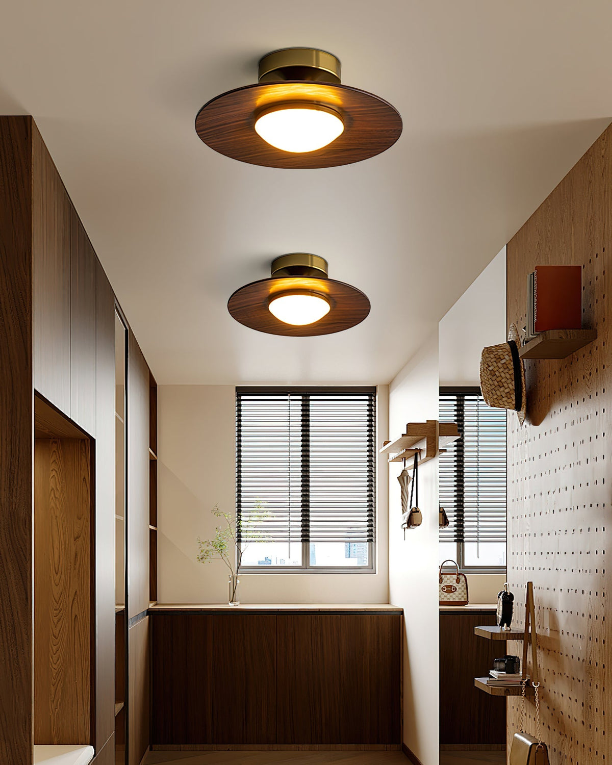 Flush Mount Light Fixture with Wood Accent 9 in Diameter LED for Kitchen Dining Room Entryway Hallway Low Profile Gold Metal Frame Walnut Fi
