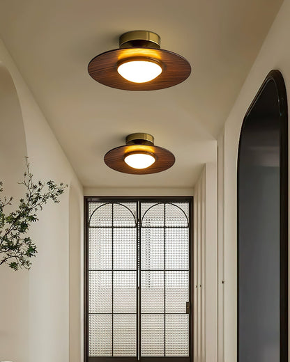 Flush Mount Light Fixture with Wood Accent 9 in Diameter LED for Kitchen Dining Room Entryway Hallway Low Profile Gold Metal Frame Walnut Fi