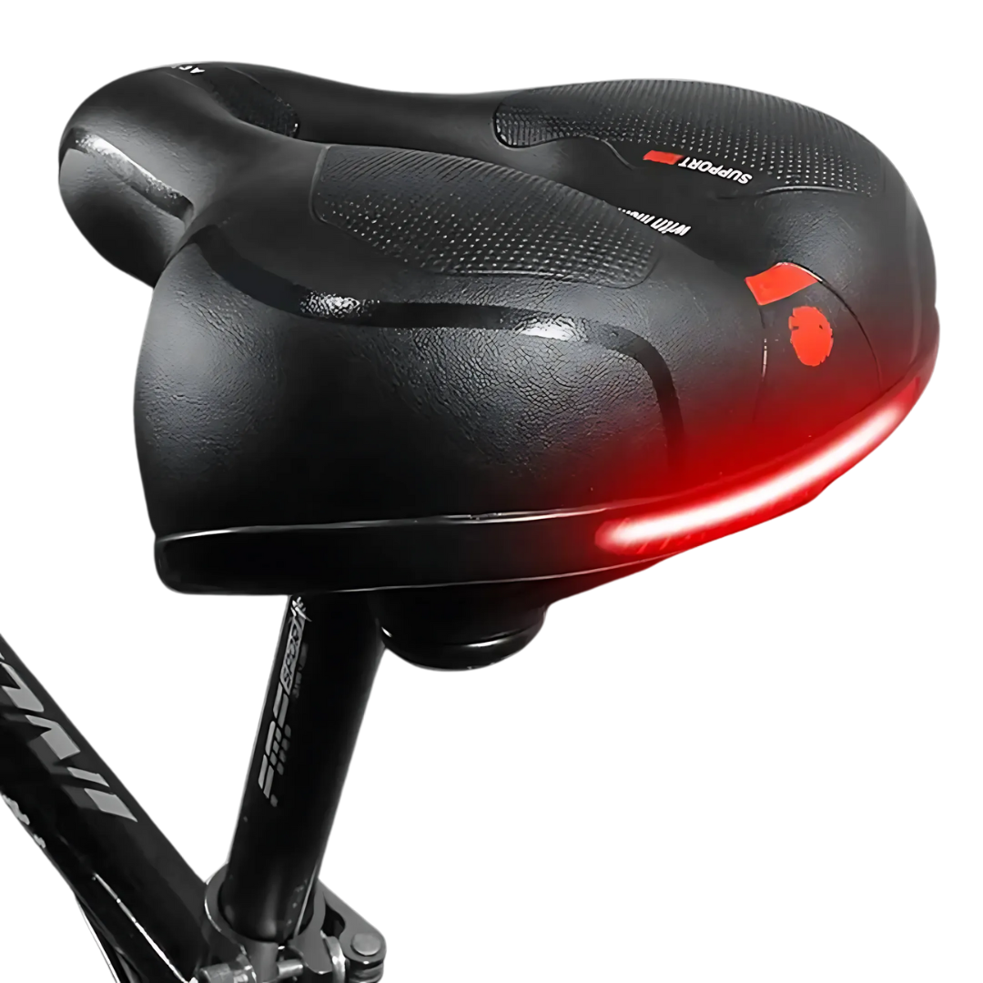 Memory Foam Bike Seat with Dual Suspension for Road, Mountain & City Bikes – Padded Comfort Saddle with Reflective Strips & Honeycomb Grip