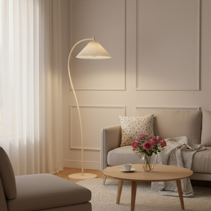 Arched Floor Lamp with Pleated Fabric Shade for Living Room, Bedroom & Reading Nook – Beige Linen Finish, E26 Socket, Foot Switch, 60 in