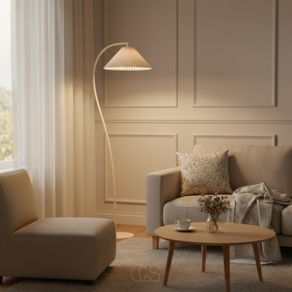 Arched Floor Lamp with Pleated Fabric Shade for Living Room, Bedroom & Reading Nook – Beige Linen Finish, E26 Socket, Foot Switch, 60 in