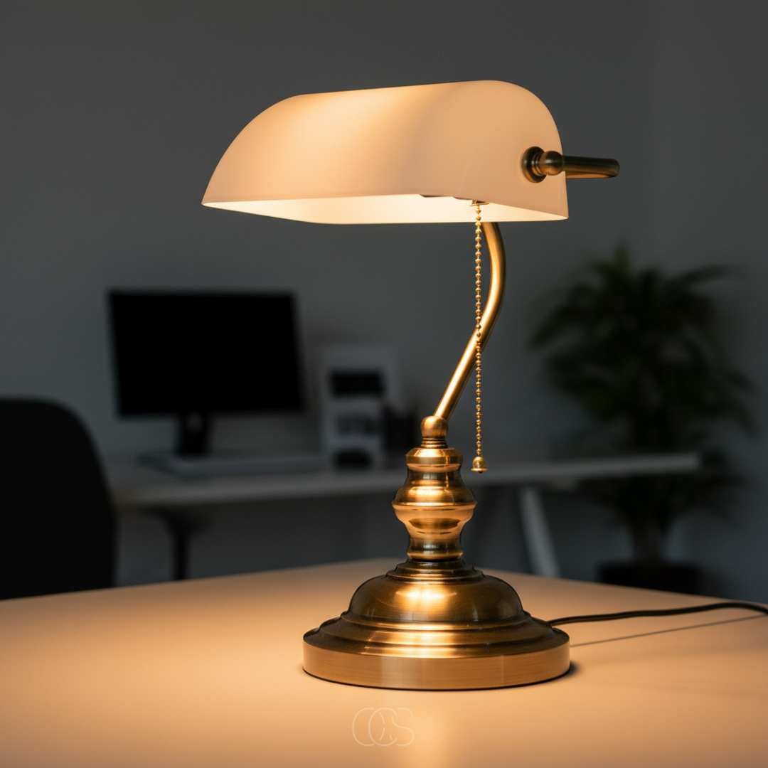 Classic Banker Desk Lamp with White Glass Shade & Antique Brass Base for Home Office Reading