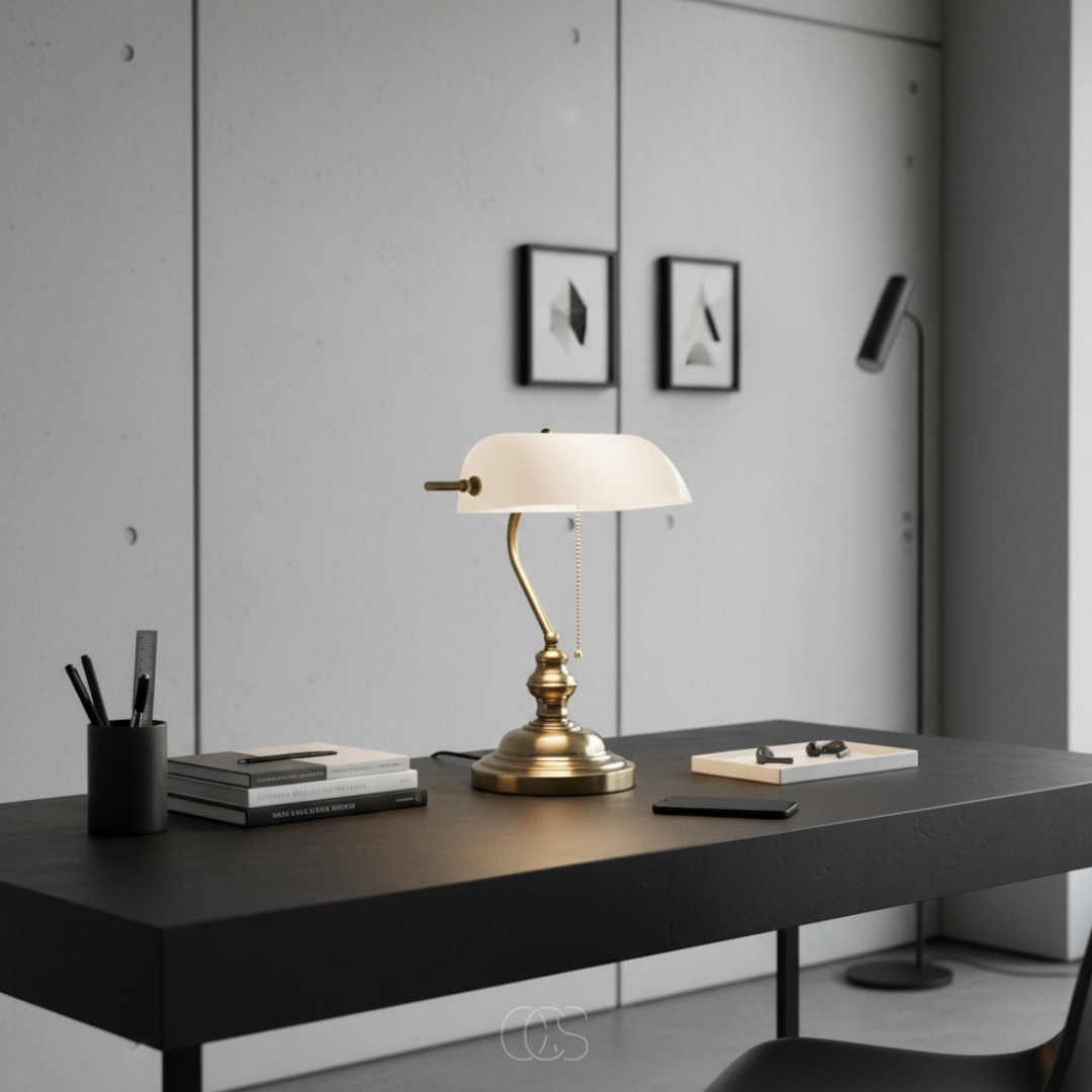 Classic Banker Desk Lamp with White Glass Shade & Antique Brass Base for Home Office Reading
