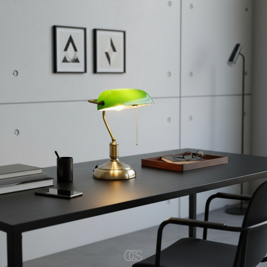 Classic Banker Desk Lamp with White Glass Shade & Antique Brass Base for Home Office Reading