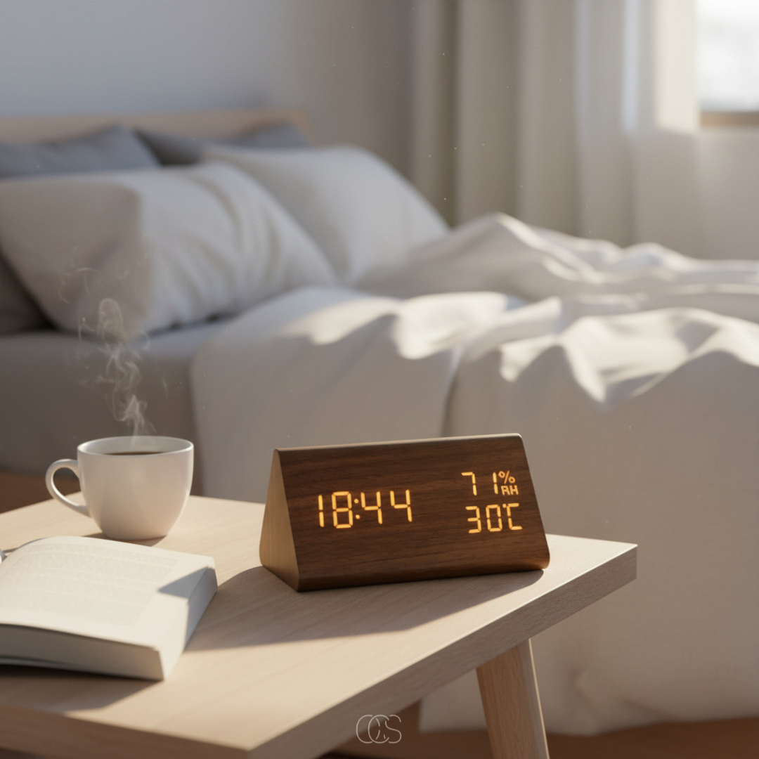 Digital Wooden Alarm Clock with Temperature & Humidity Display — 7-Level Dimming LED, Sound-Activated Screen, USB Charging Ports — Bedroom