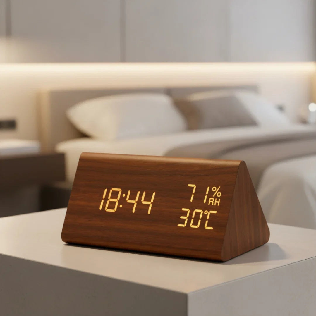 Digital Wooden Alarm Clock with Temperature & Humidity Display — 7-Level Dimming LED, Sound-Activated Screen, USB Charging Ports — Bedroom